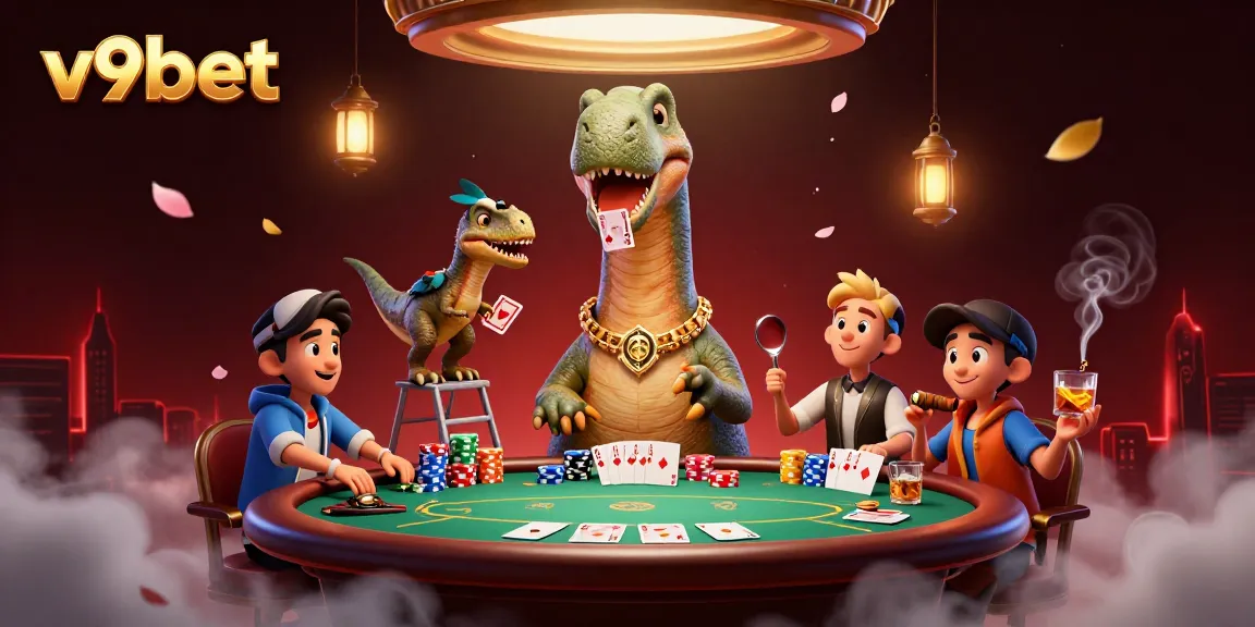 Engaging V9BET casino scene with a dinosaur dealer and dynamic poker action