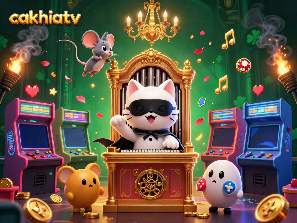 Cakhiatv showcases a vibrant betting scene with a magical cat character amidst colorful gaming elements