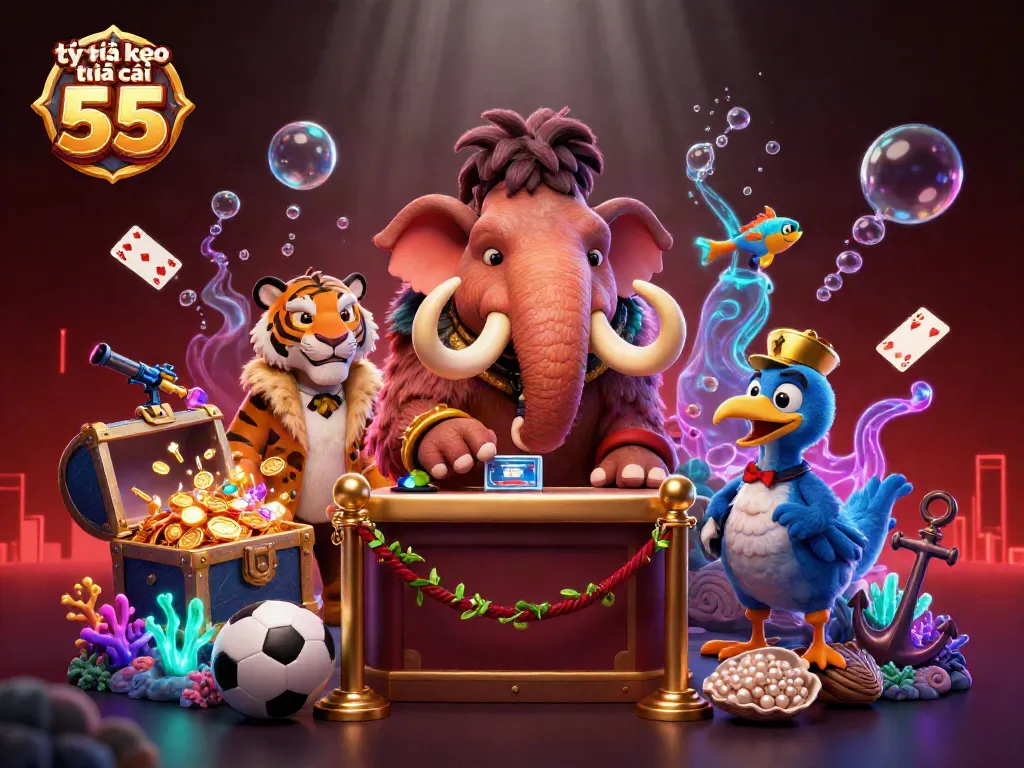 Bet on tỷ lệ kèo nhà cái 55 in a vibrant 3D casino scene with a woolly mammoth bouncer and colorful game elements.