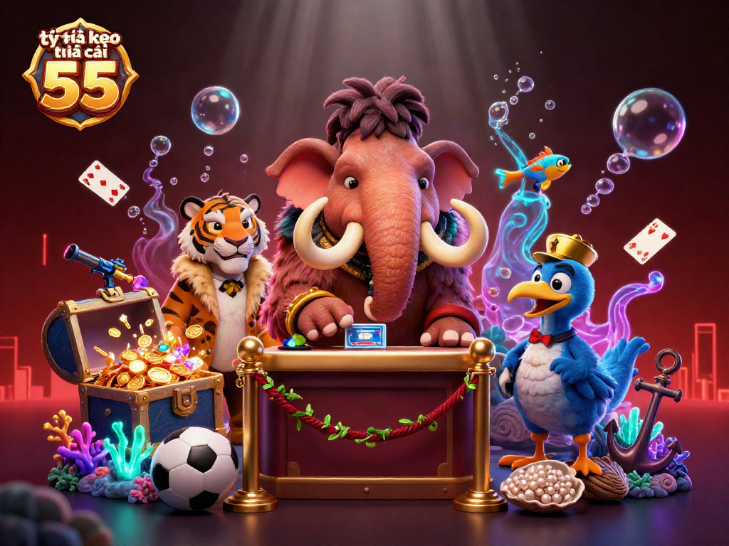 Bet on tỷ lệ kèo nhà cái 55 in a vibrant 3D casino scene with a woolly mammoth bouncer and colorful game elements.