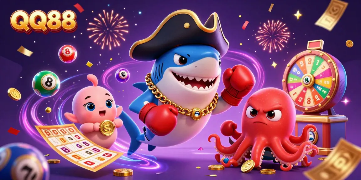 Engage in QQ88 casino adventures with a vibrant scene featuring a shark, pufferfish, and octopus surrounded by colorful lottery elements.