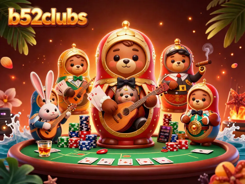 Join the excitement at b52clubs with 3D cartoon characters, vibrant casino elements, and rich details.
