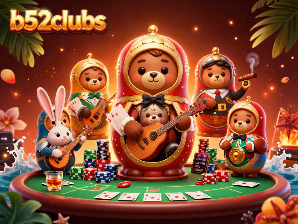 Join the excitement at b52clubs with 3D cartoon characters, vibrant casino elements, and rich details.