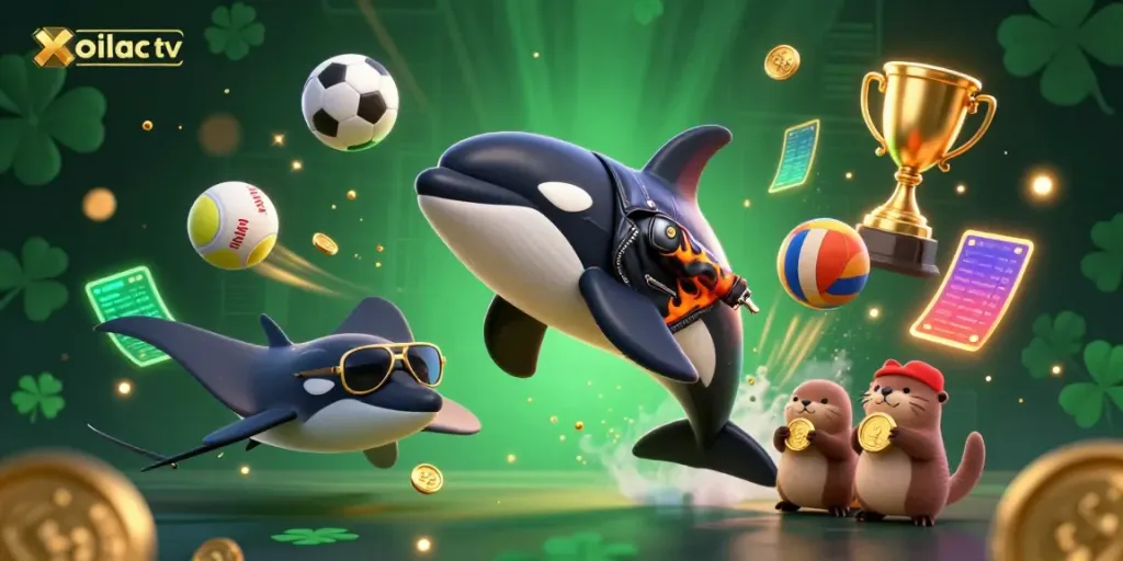 Bet on your favorite sports with xoilac tv, represented by vibrant 3D sea characters and casino-themed elements.