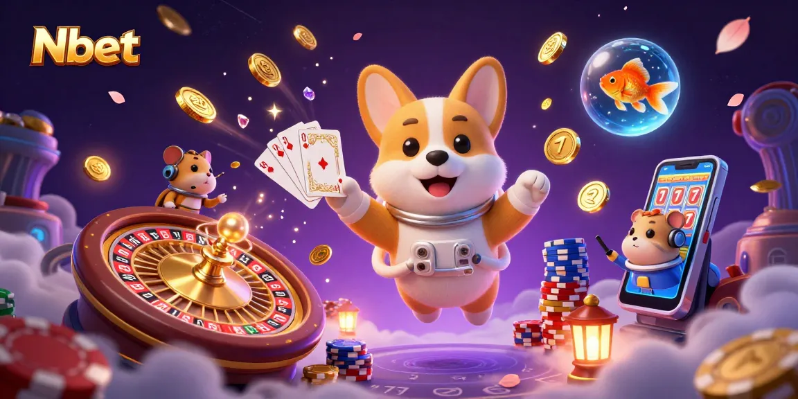 Nbet casino experience with a whimsical astronaut corgi, floating coins, and dynamic game elements.