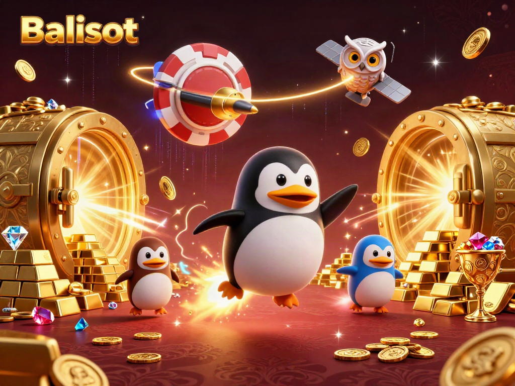 Experience the thrill of gaming at Balislot with a vibrant 3D illustration of a golden penguin navigating a casino galaxy.