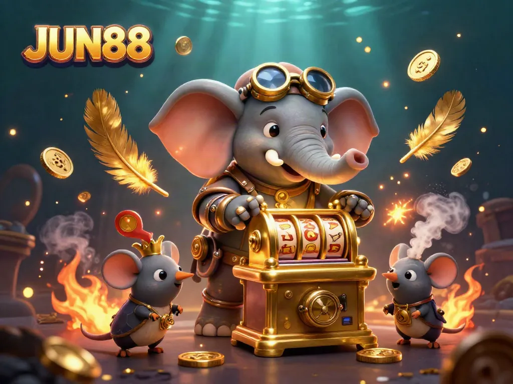 Engage with the JUN88 steampunk elephant as it operates a golden slot machine amidst swirling coins and vibrant casino elements.