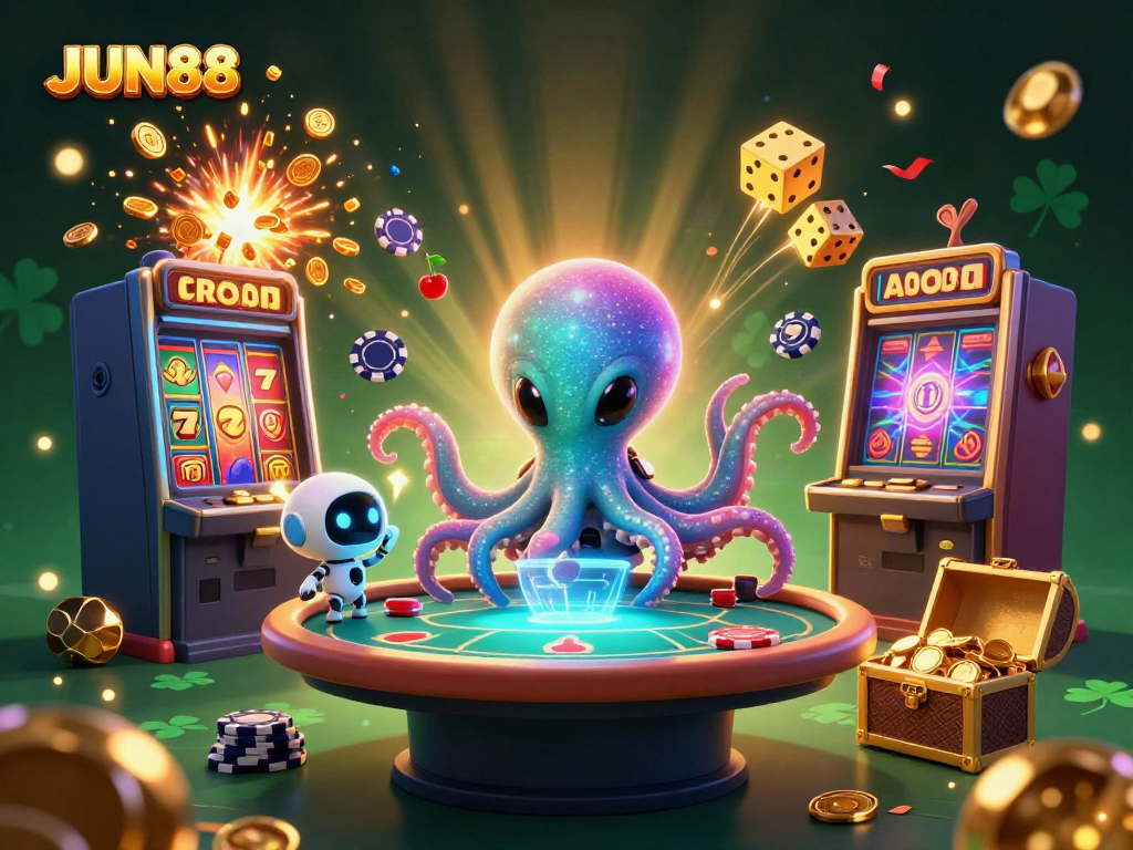 JUN88 alien octopus deals cards at a vibrant online casino scene bursting with excitement and games.