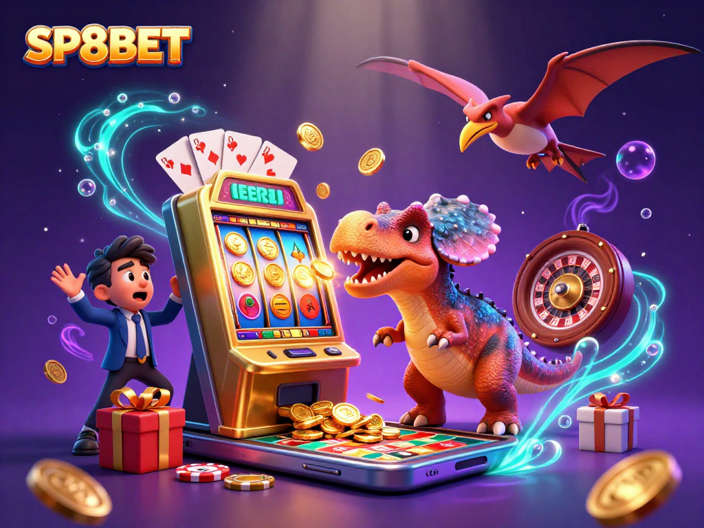 SP8BET showcases a pachycephalosaurus winning the jackpot, thrilling casino scene.