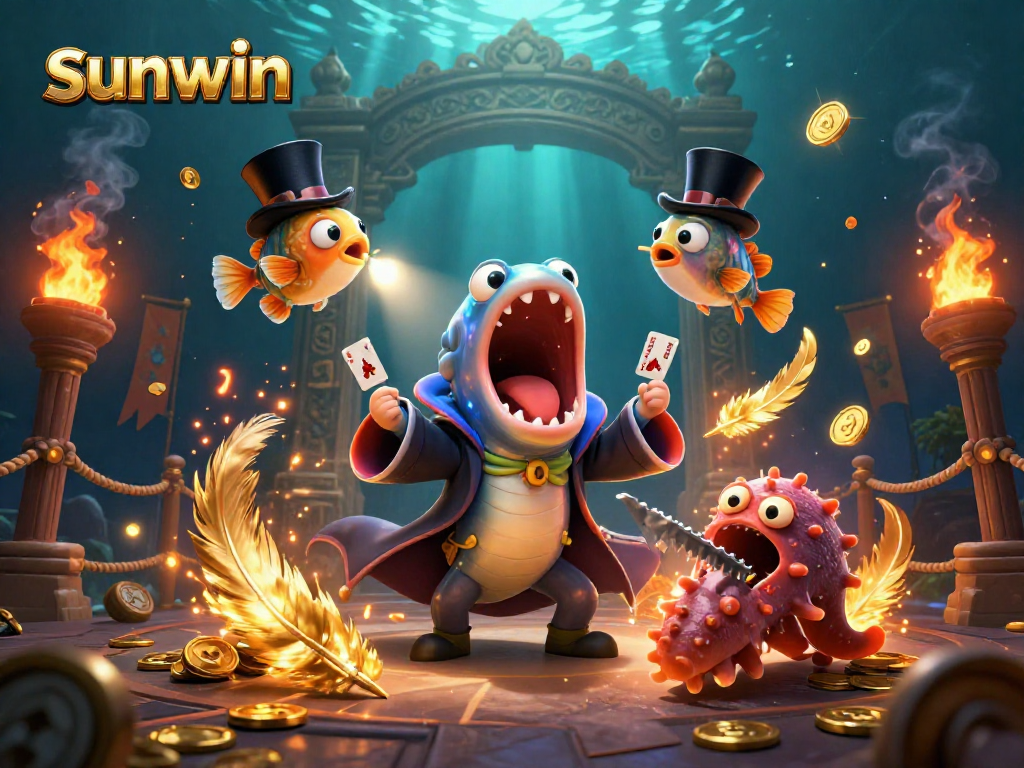Experience magical moments with sunwin; a vibrant underwater casino scene showcasing interactive gambling characters and elements.