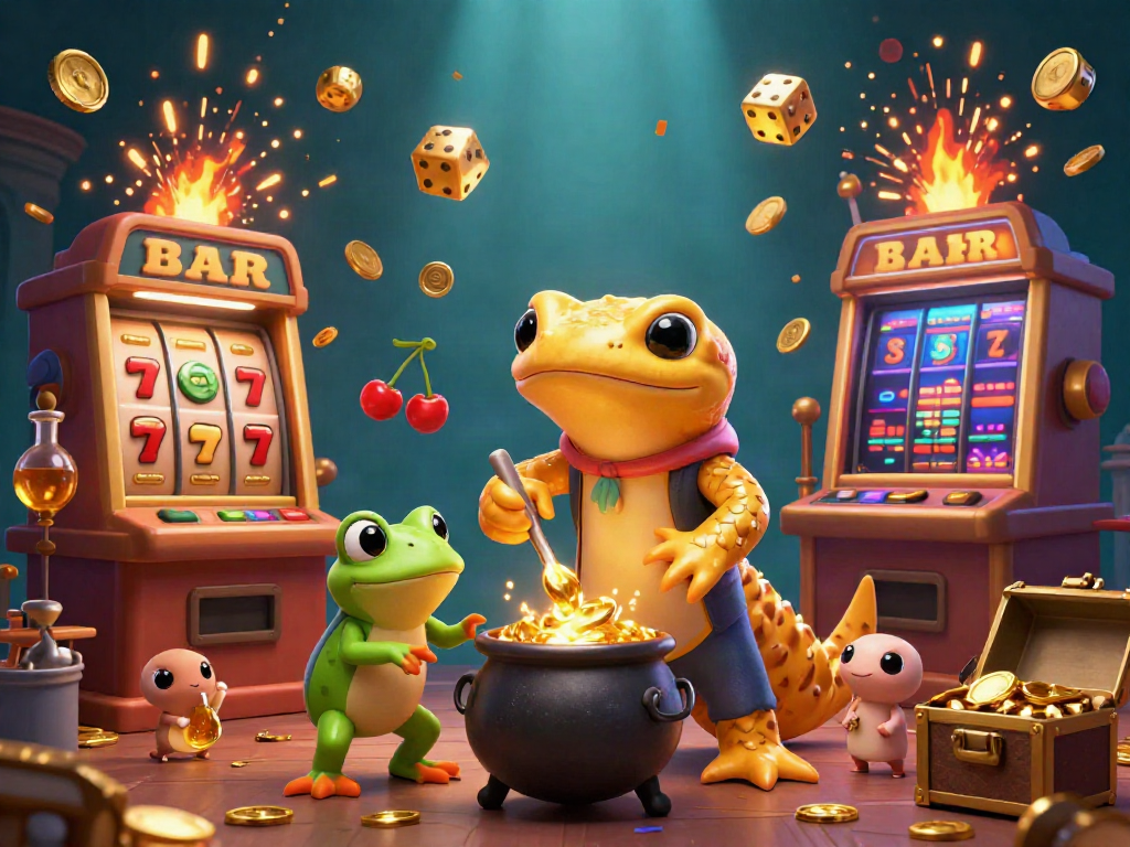 Socolive enchanting scene featuring golden salamander alchemist and frog apprentice mixing liquid gold in a magical setting.