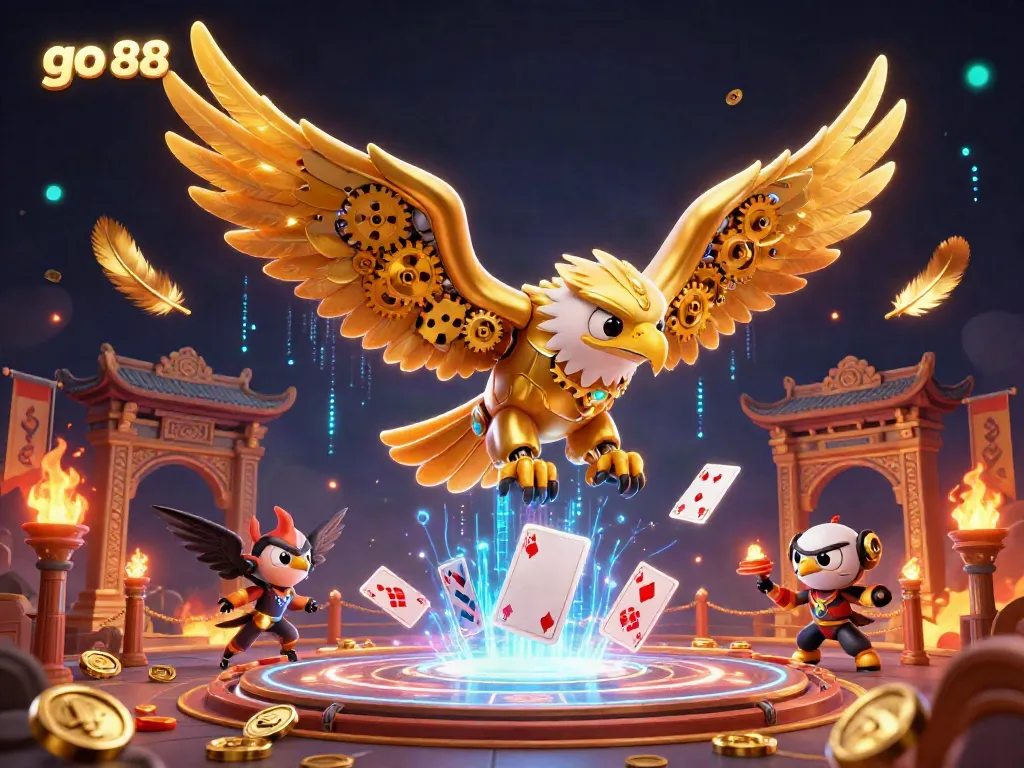 Engage with the exhilarating world of go 88 as a cybernetic eagle dives through holographic cards, filled with excitement and casino elements.