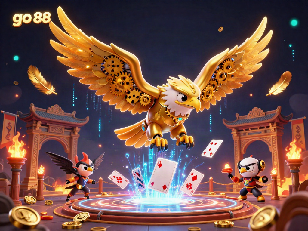 Engage with the exhilarating world of go 88 as a cybernetic eagle dives through holographic cards, filled with excitement and casino elements.