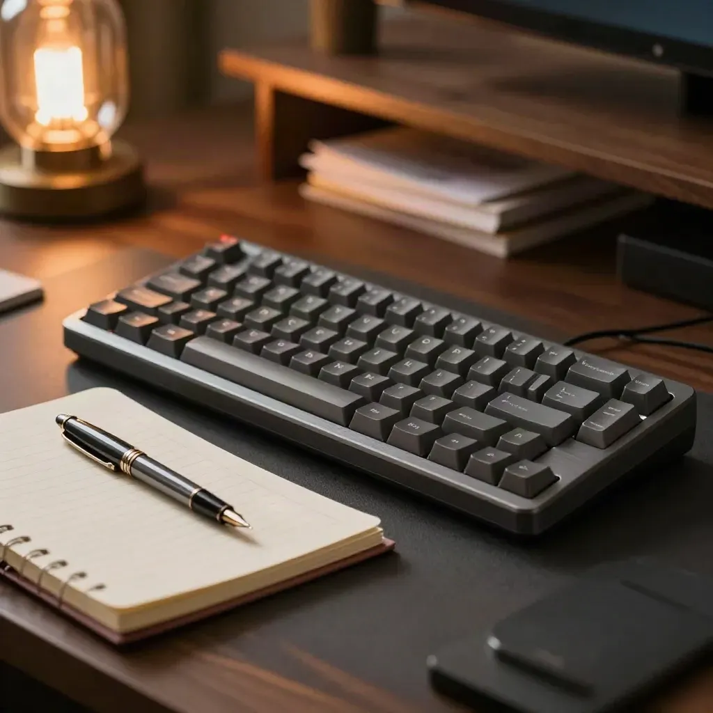 Warm ad copywriting desk with keyboard, notebook, fountain pen and lamp