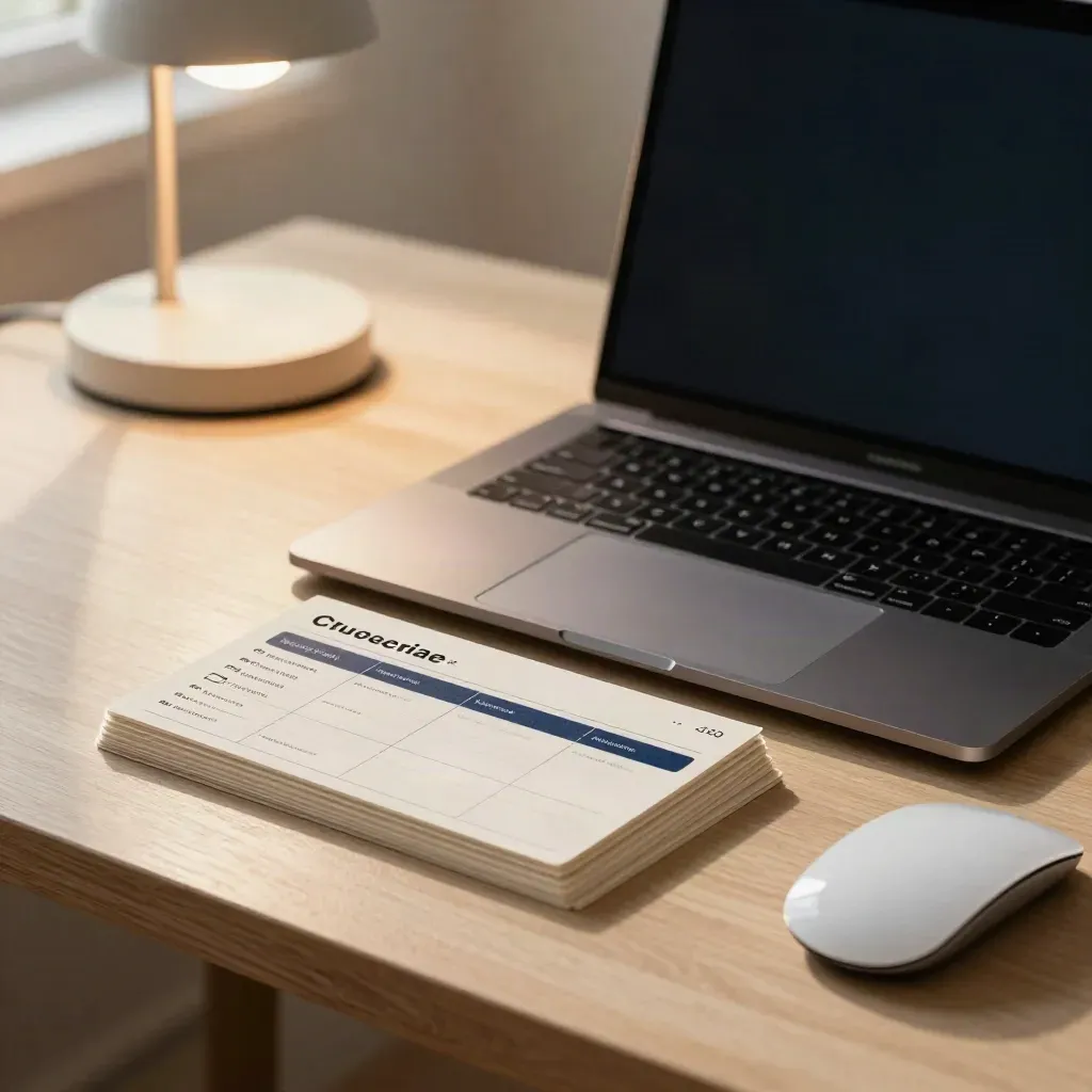 Warm search-campaign desk with laptop, keyword cards, mouse and lamp by window light.