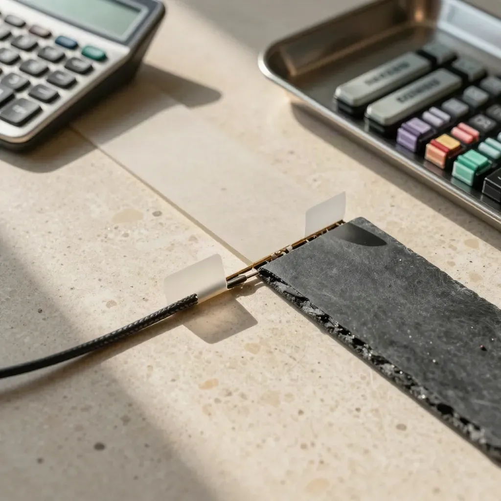 Top-down PPC audit still life with tabs, calculator, split cable, and metal tray