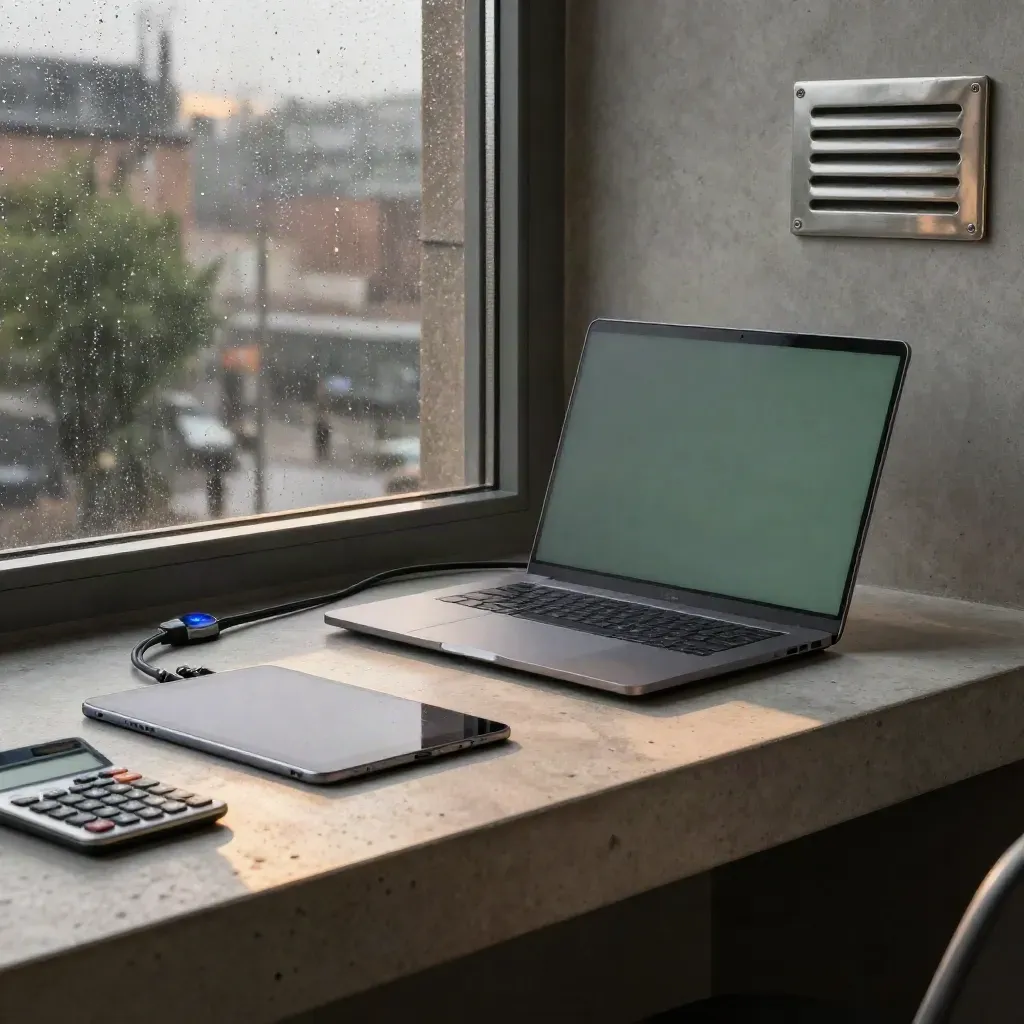Closed laptop, tablet and calculator on a rain-washed campaign desk with a blue status lamp.