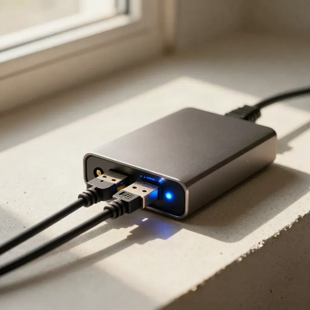 Tracking hub, USB leads and glowing phone dock on pale concrete in warm daylight.