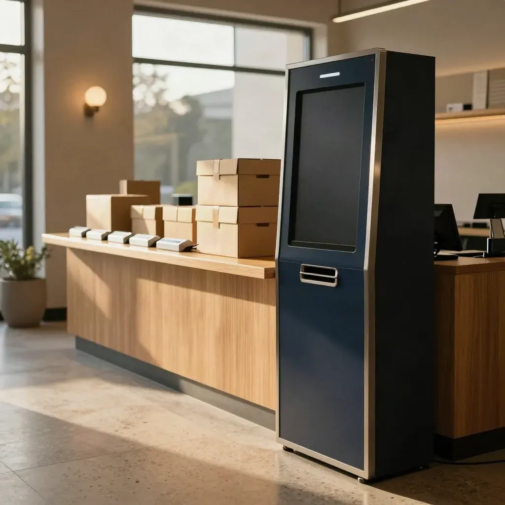 Startup reception setup with kiosk, welcome boxes and charging docks in warm window light.