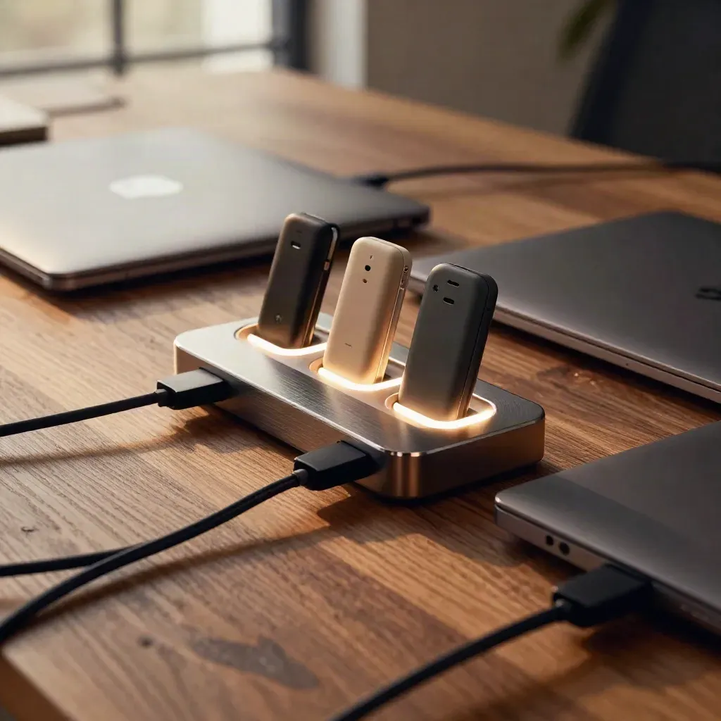 Macro of a startup office desk with laptops, charging docks and phone bank in warm light