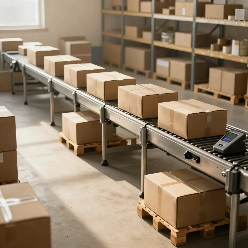 Warm warehouse packing station with parcels, conveyor, and payment terminal in soft light.