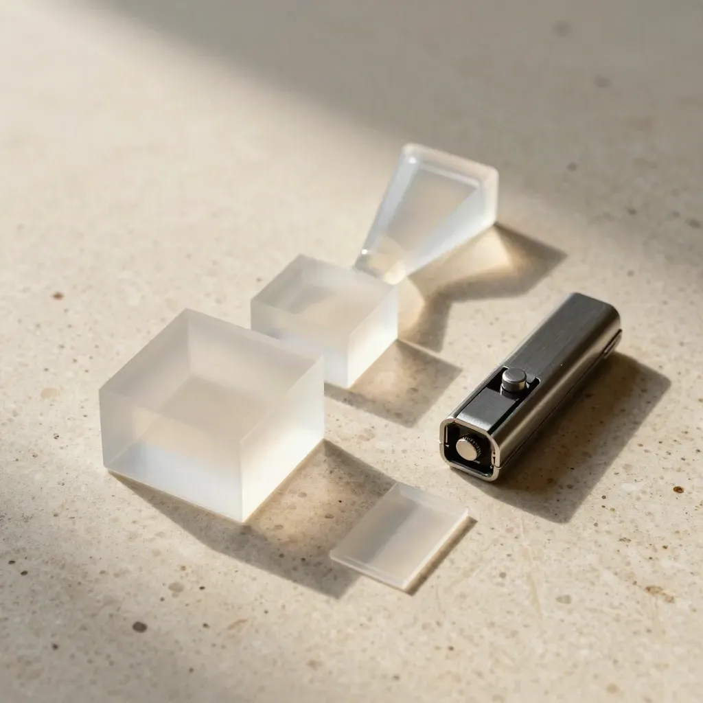 Frosted acrylic funnel wireframes, layout tiles and a precision cutter on pale stone.