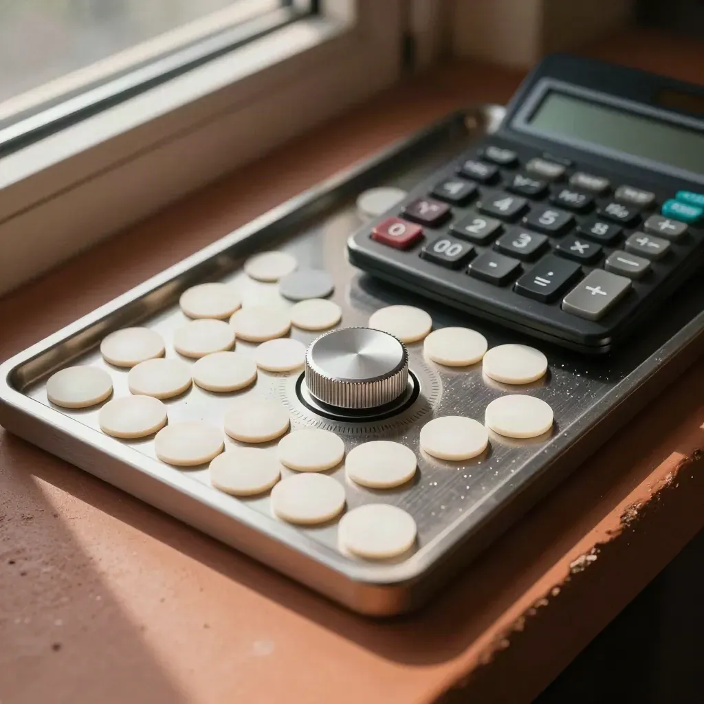 Allocation tray with budget chips, calculator and control dial on terracotta clay.