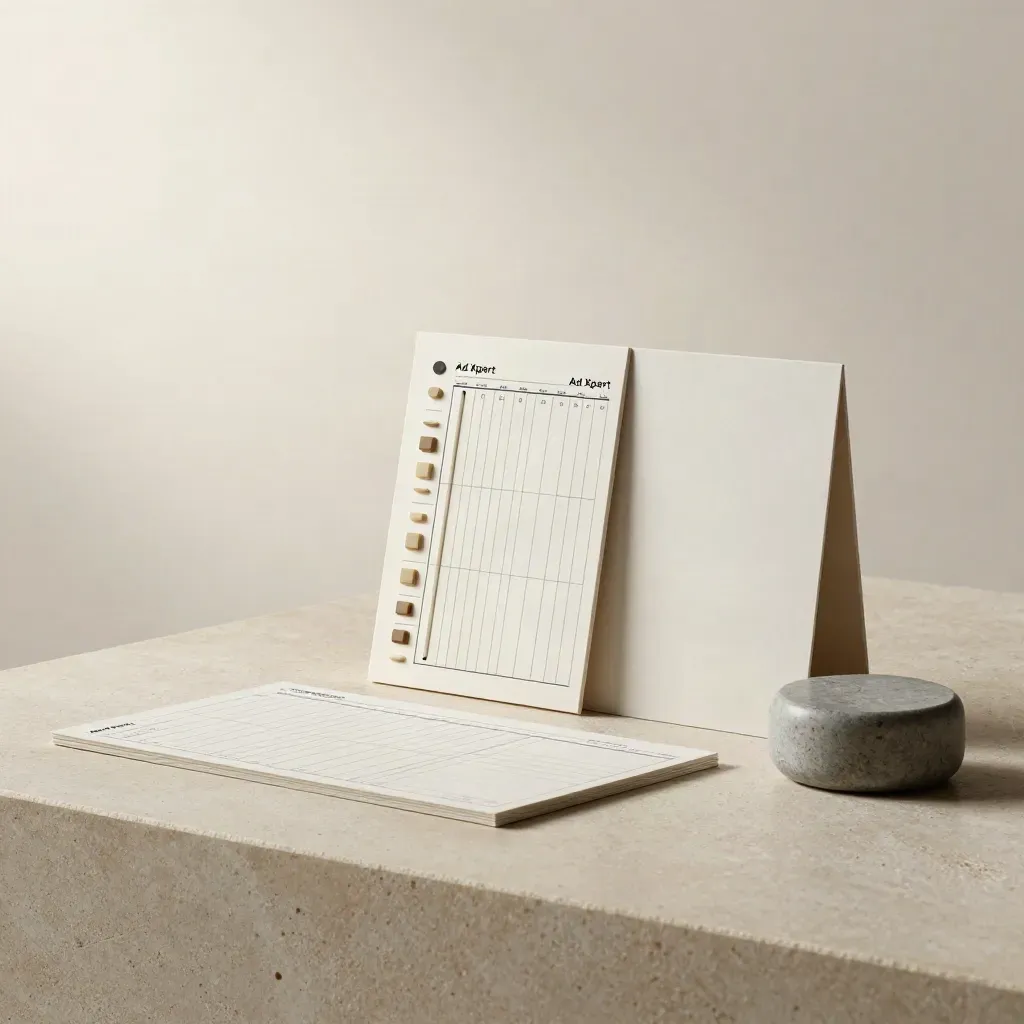 Planning grid with budget chips and channel markers on warm stone, softly lit for an ad agency launch step.