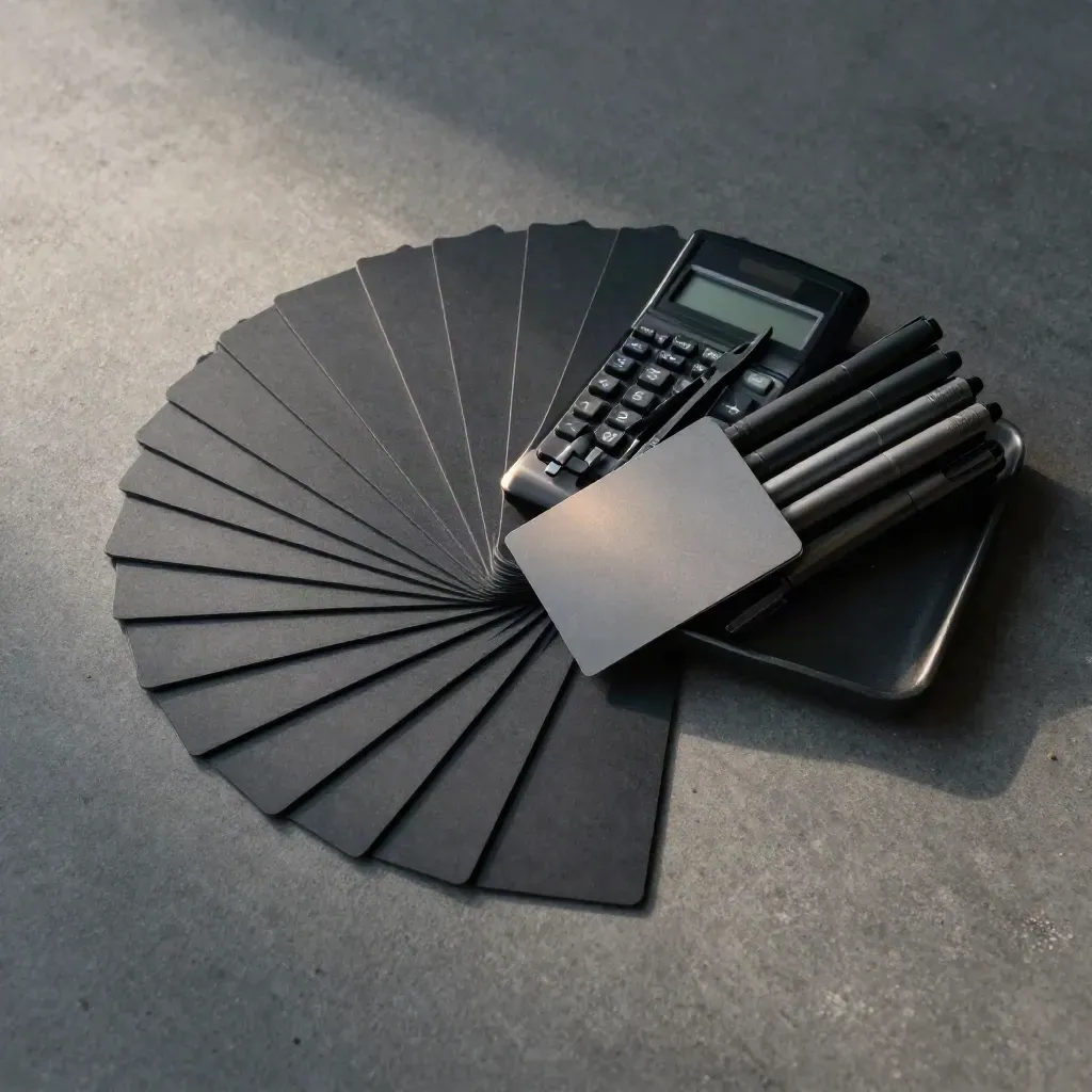 Overhead audit kit with blank tabs, calculator corner and marker stack on a charcoal tray.