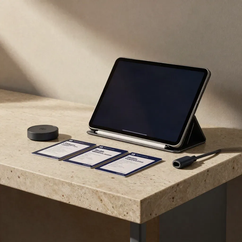 Tablet, phone dock and campaign cards on a pale plaster desk, ready for launch.