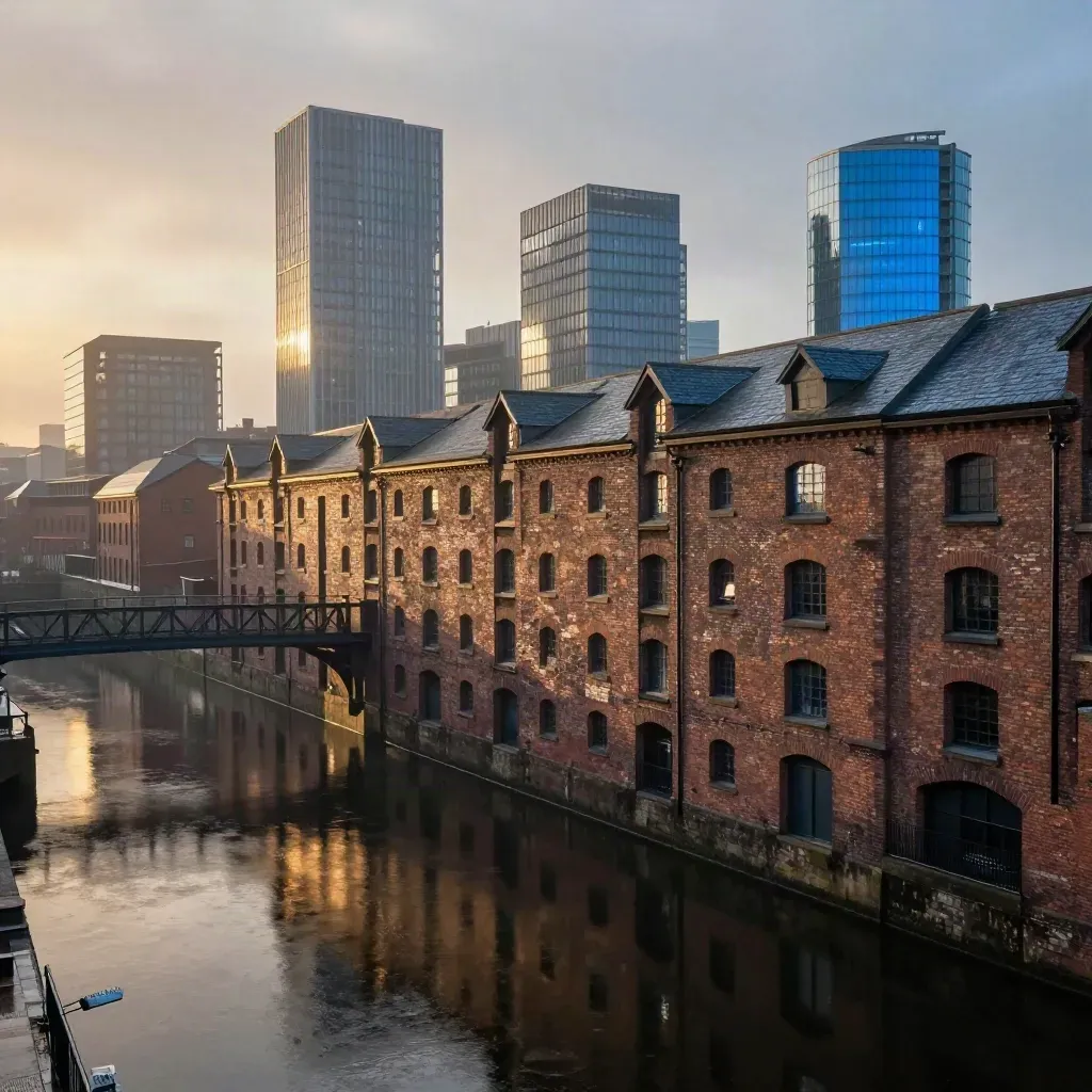 Manchester canal warehouses and modern towers reflected in dark water at golden hour haze.