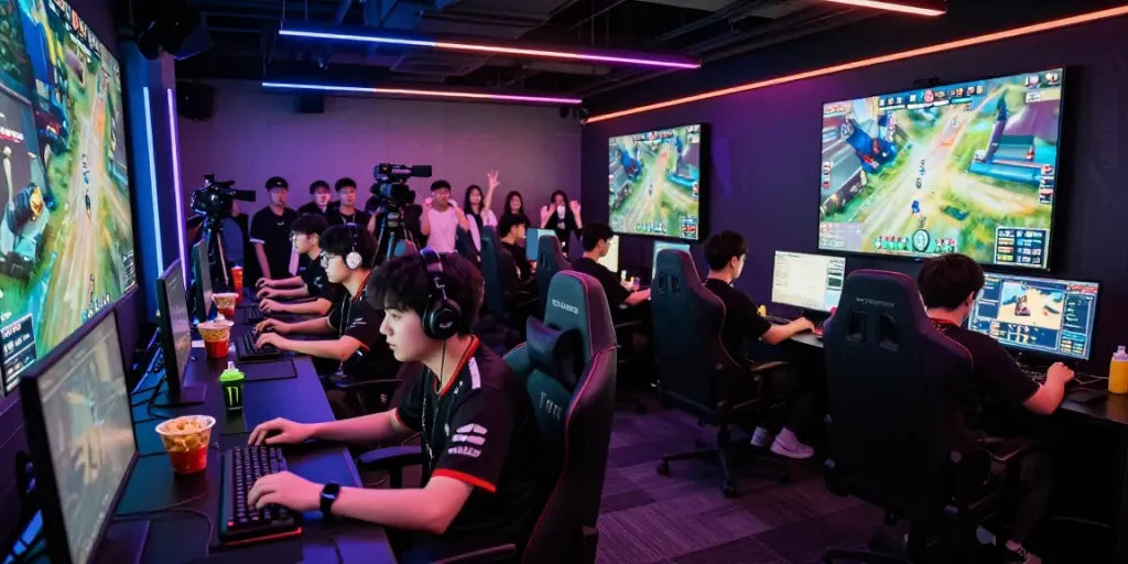 Cảnh không gian đấu game F168 với người chơi tập trung và ánh đèn LED rực rỡ.