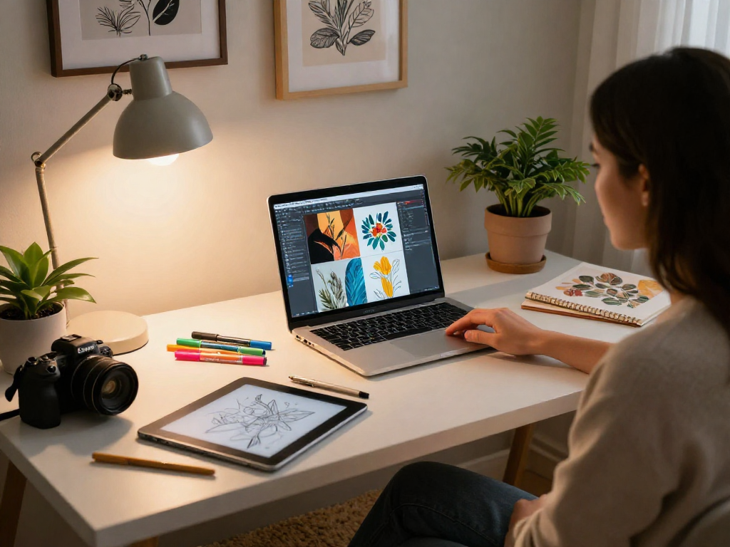 Creating nsfw ai artwork in a cozy workspace with design tools.