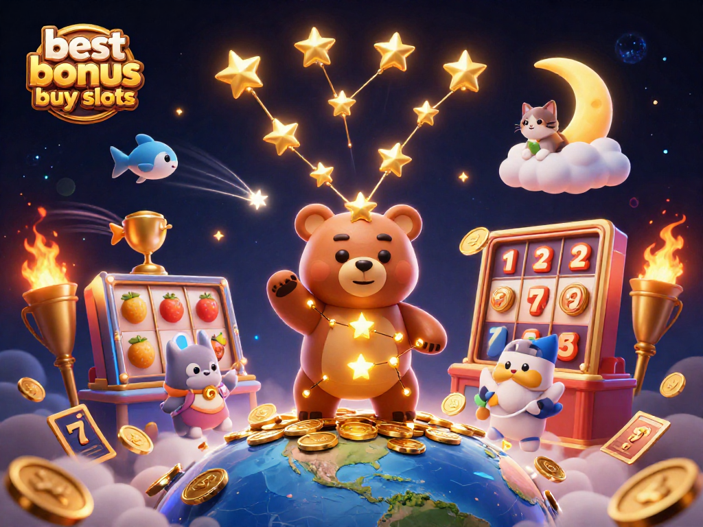 Experience the excitement of the best bonus buy slots with sparkling 3D illustrations of gaming elements.