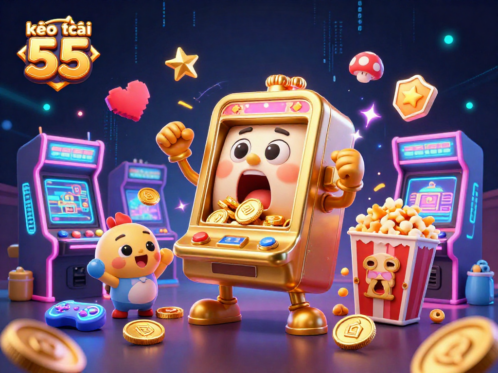 Exciting scene of kèo nhà cái 55 where a golden slot machine hits the jackpot, surrounded by cheering baby machines.