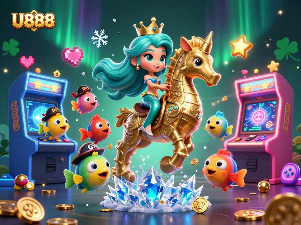 Experience U888’s gaming excitement with a vibrant mermaid and seahorse duo among colorful casino elements.