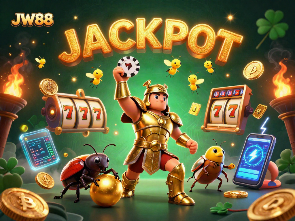 Win big with JW88 at this dynamic illustration featuring heroic gambling elements.