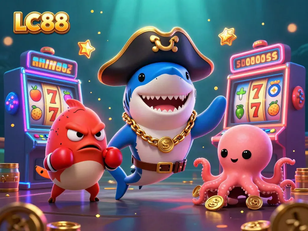 Play slots and win with LC88: a shark, pufferfish, and octopus celebrate in a vibrant casino.