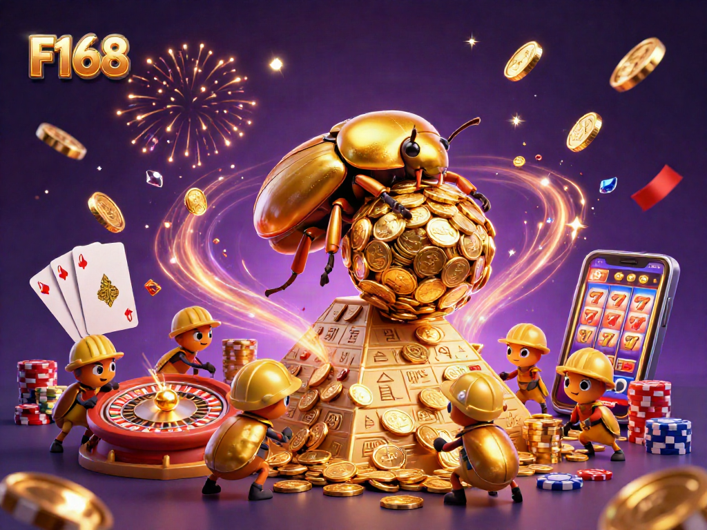 Experience thrilling casino action as F168 unfolds with a golden beetle rolling coin riches.