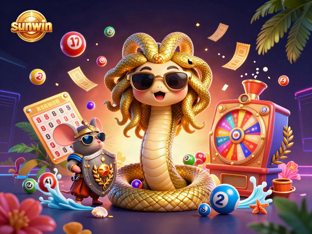 Experience sunwin lottery excitement with colorful bouncing balls and festive elements in this rich illustration.