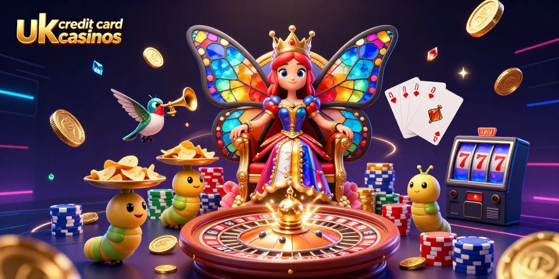 Engage with the vibrant scene showcasing uk credit card casinos, featuring a butterfly queen and gold coins in a dynamic casino setting.