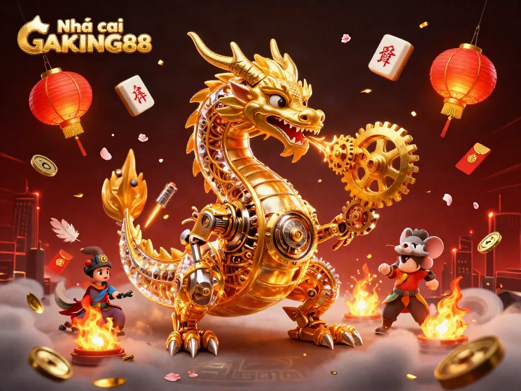 Experience the excitement of Nhà cái GAKING88 with dynamic 3D illustrations showcasing cockfighting themes and rich gaming elements.