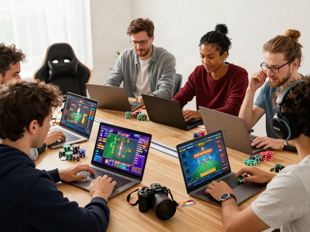 Excited players enjoying various games at online credit card casinos in a colorful gaming setup.