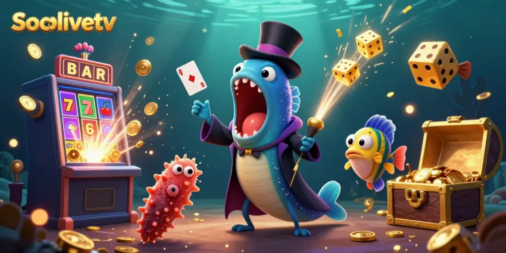 Socolivetv showcases a vibrant underwater scene with a bioluminescent eel performing card tricks amid jackpot elements and a treasure chest.