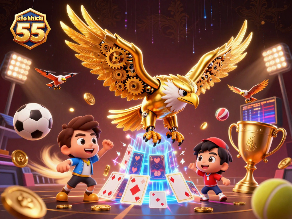 Engage with kèo nhà cái 55 as the golden eagle dives through holographic playing cards and sports elements.