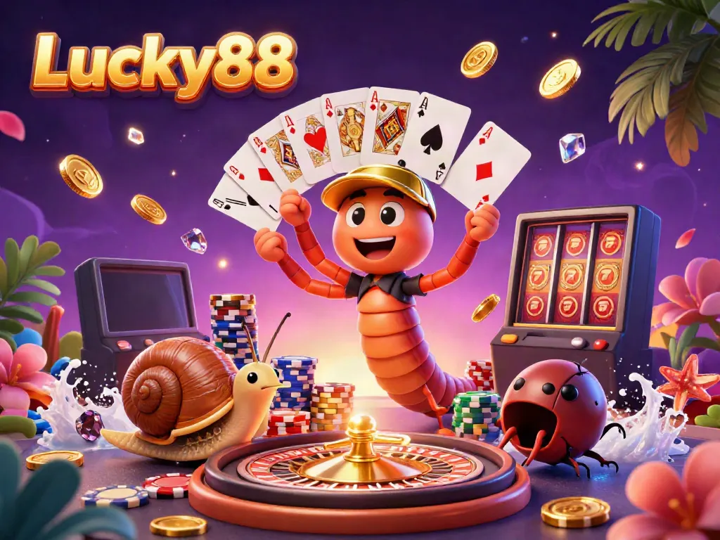 Experience Lucky88 with a vibrant cartoon scene featuring a millipede dealer, excited characters, and dynamic casino elements.