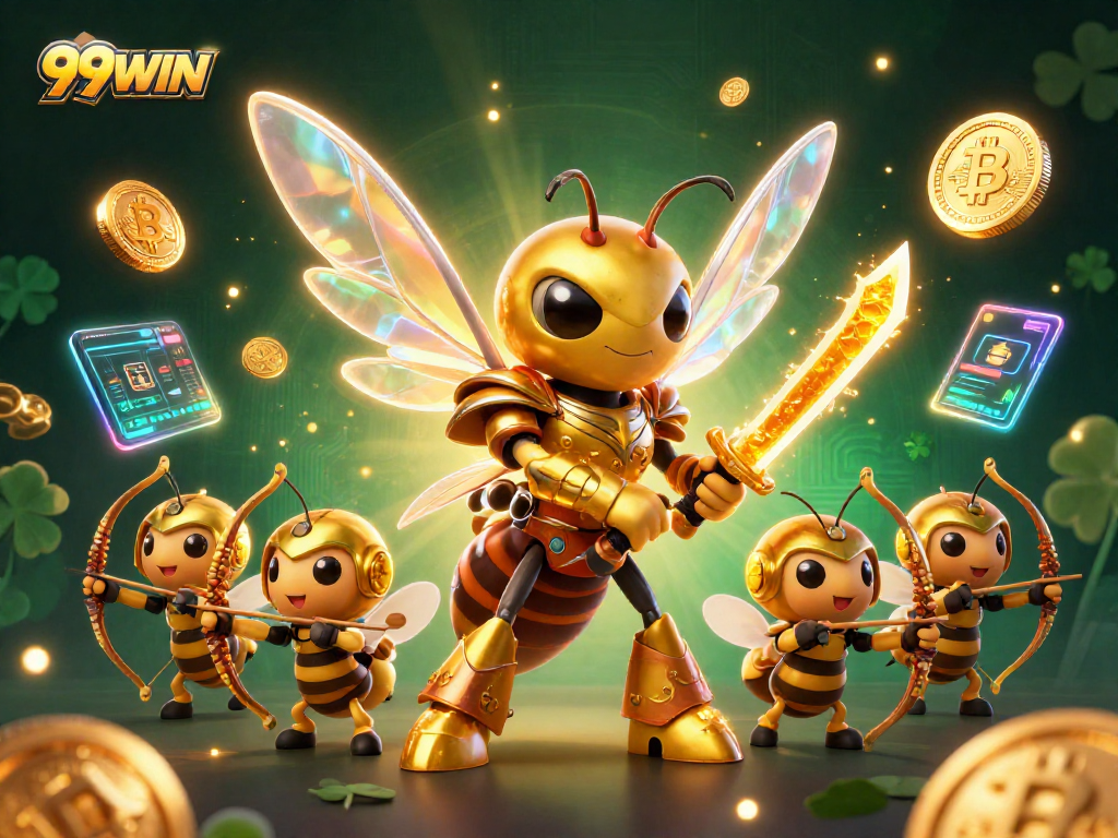 Engage with 99WIN's exciting casino adventures featuring vibrant characters and glowing crypto elements.