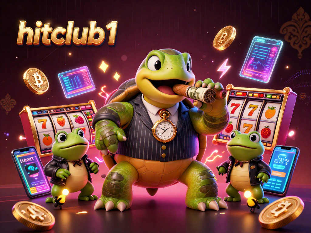 Hitclub1 showcases a lively casino scene featuring characters and vibrant slot elements.