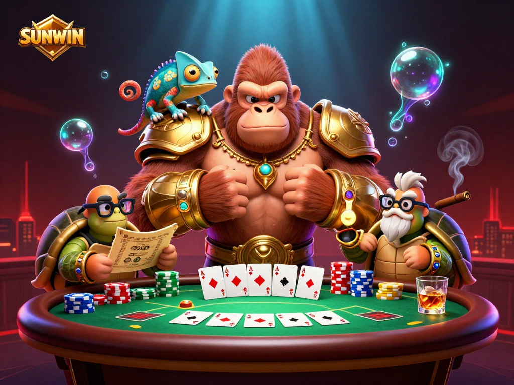SUNWIN engages players with vibrant 3D illustration of a gorilla king and companions amidst poker elements.