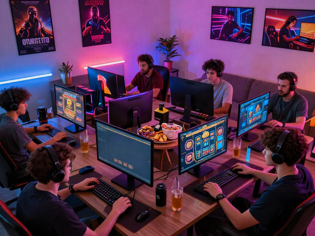 Exciting non gamstop casino gaming scene with friends engaged in a lively online gaming environment.